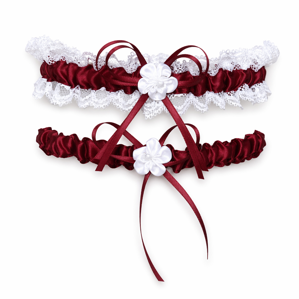 Ruffled Vegan Garter Belt Set with Chiffon and Lace Details Burgundy