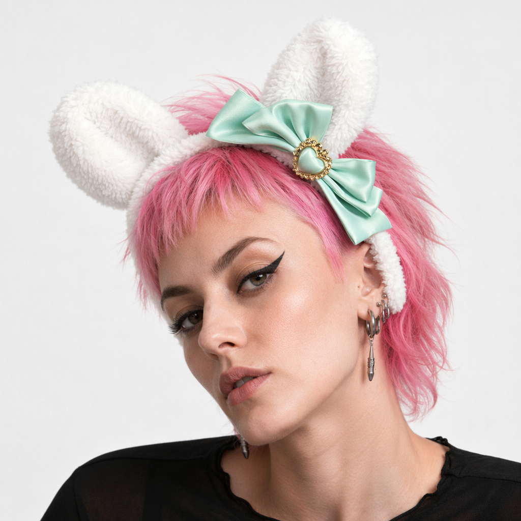 Luxurious Bunny Ears Headband with Satin Ribbons and Jewels Emerald