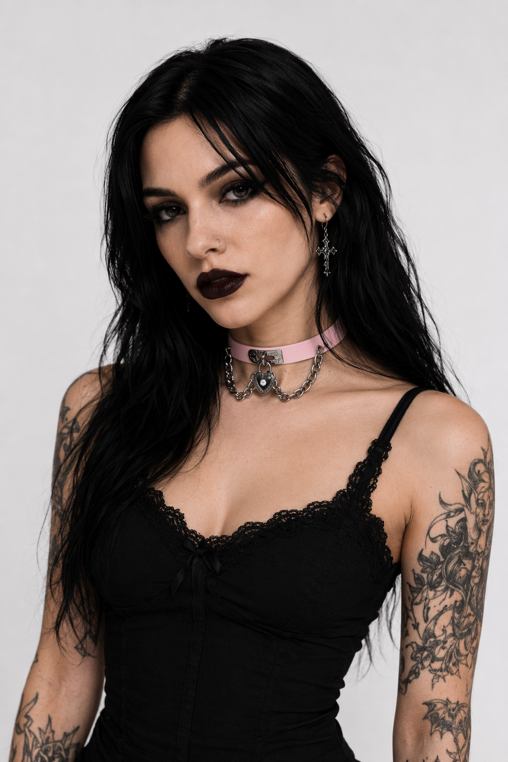 Gothic Victorian Vegan Leather Choker with Heart Locket and Chains Light Pink