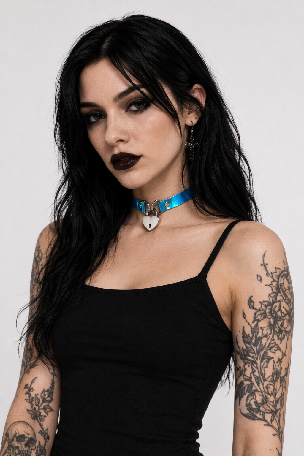 Holographic Lock and Key Choker Collar with Metal Locket Blue
