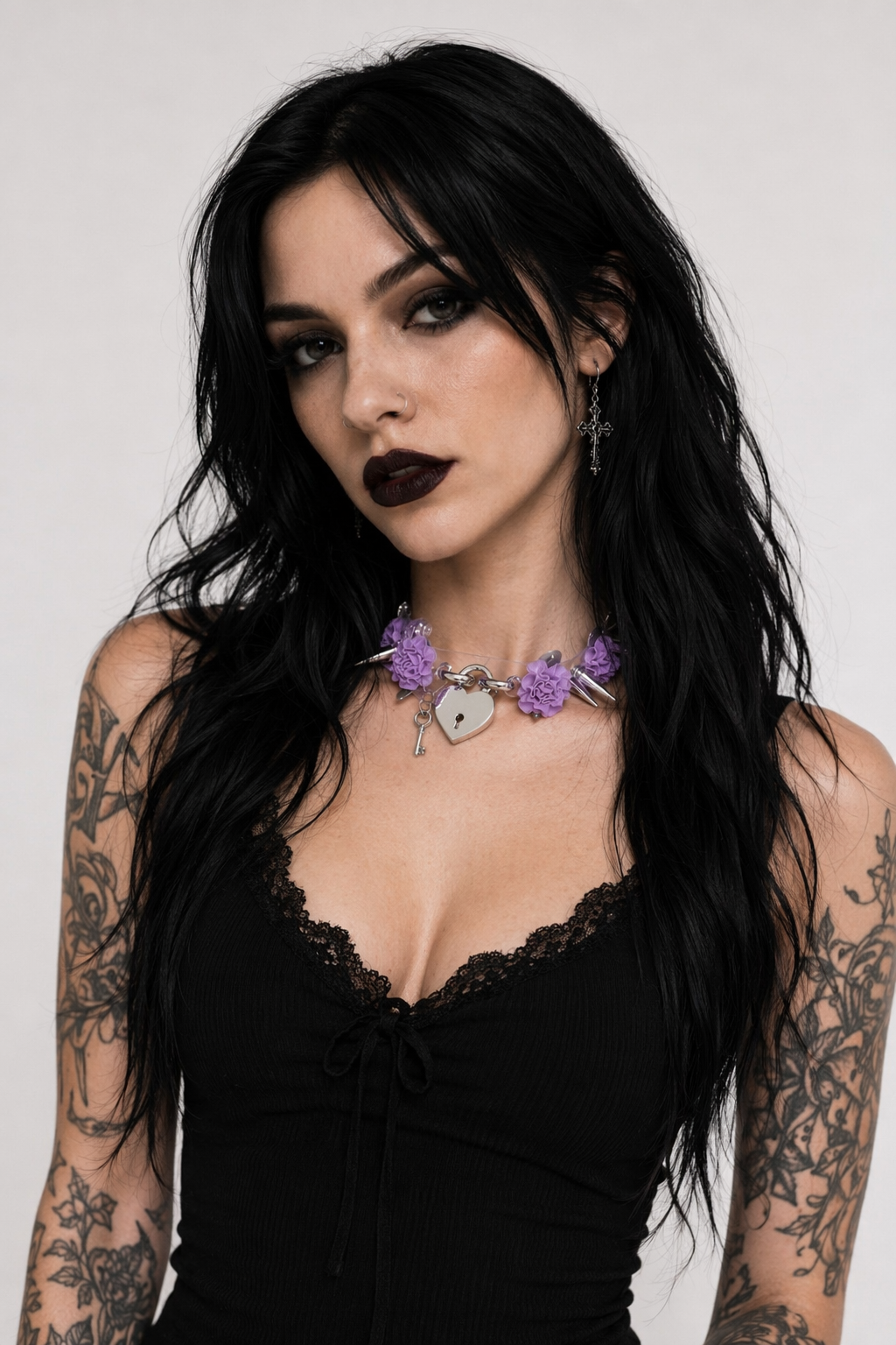 Edgy Floral Choker with Spiky Design and Heart Locket Key Purple Flower Silver