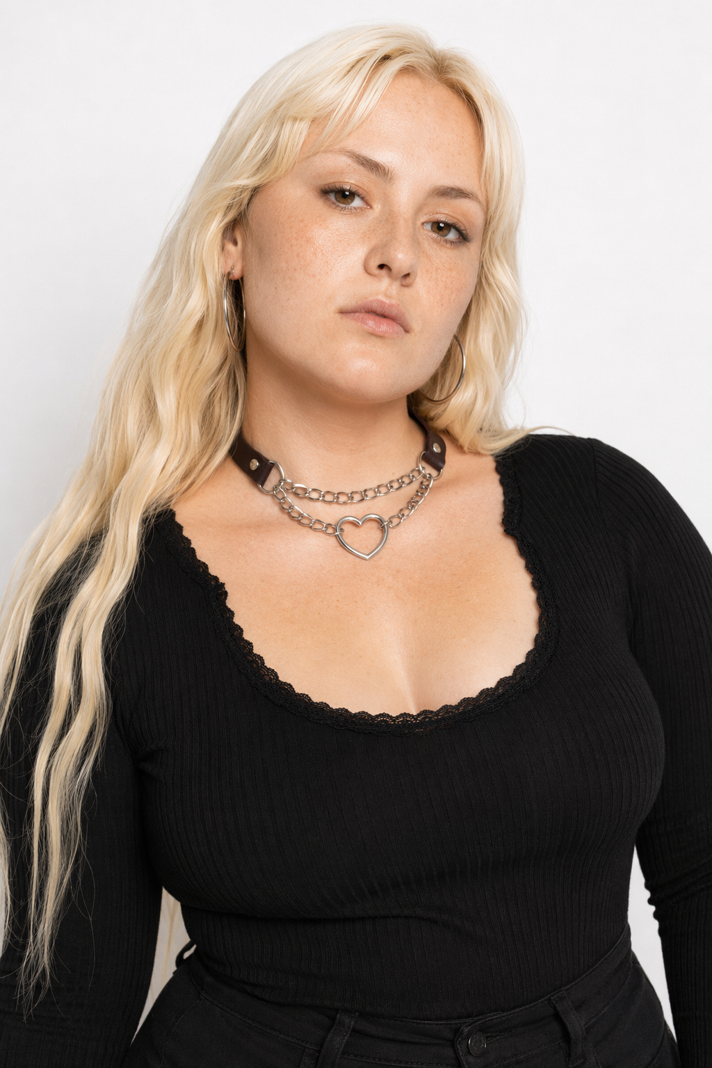 Thick Vegan Leather Chained Heart Choker Necklace Coffee