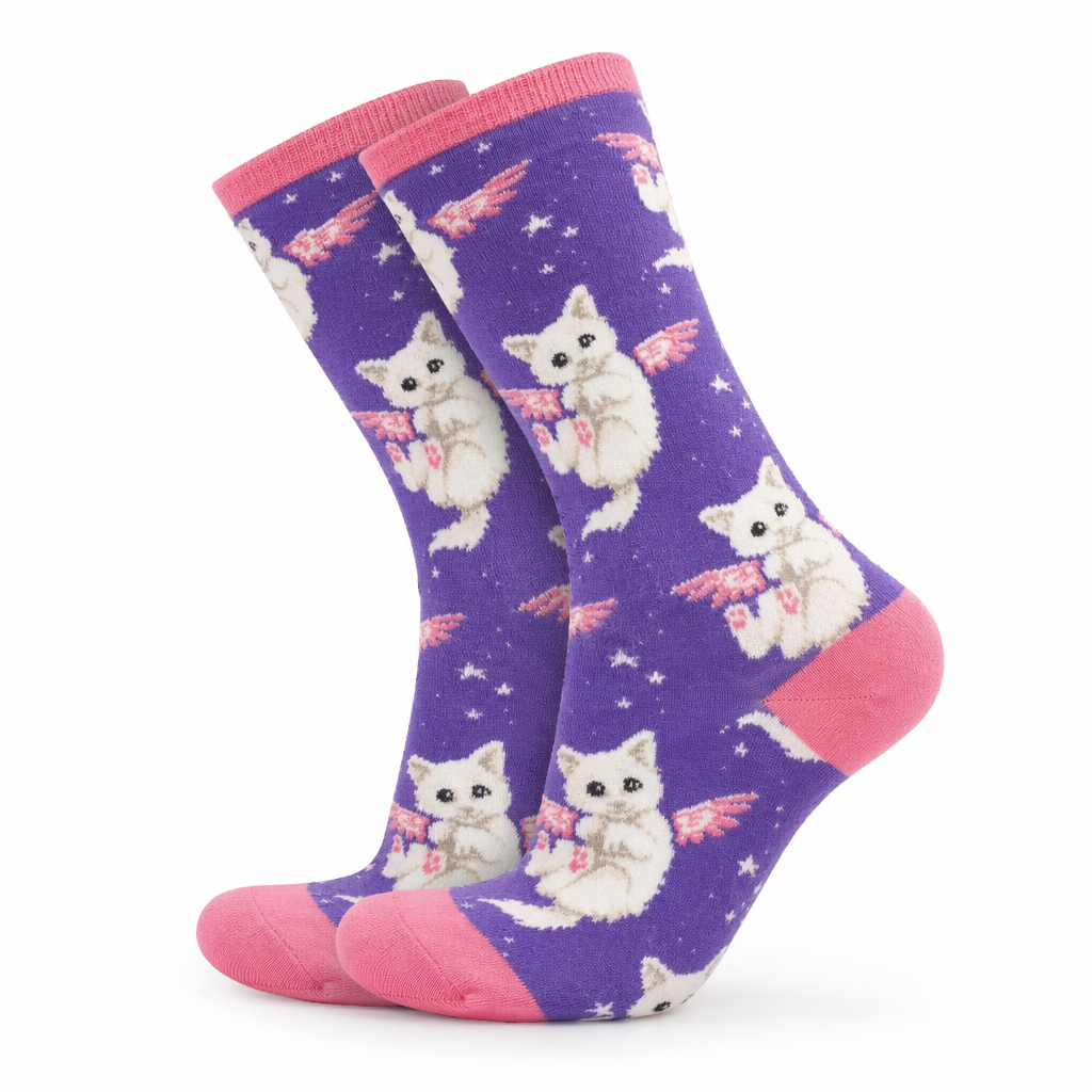 Vibrant Angel Kitten Socks for Kawaii Fashion Lovers Purple Flying Kitten