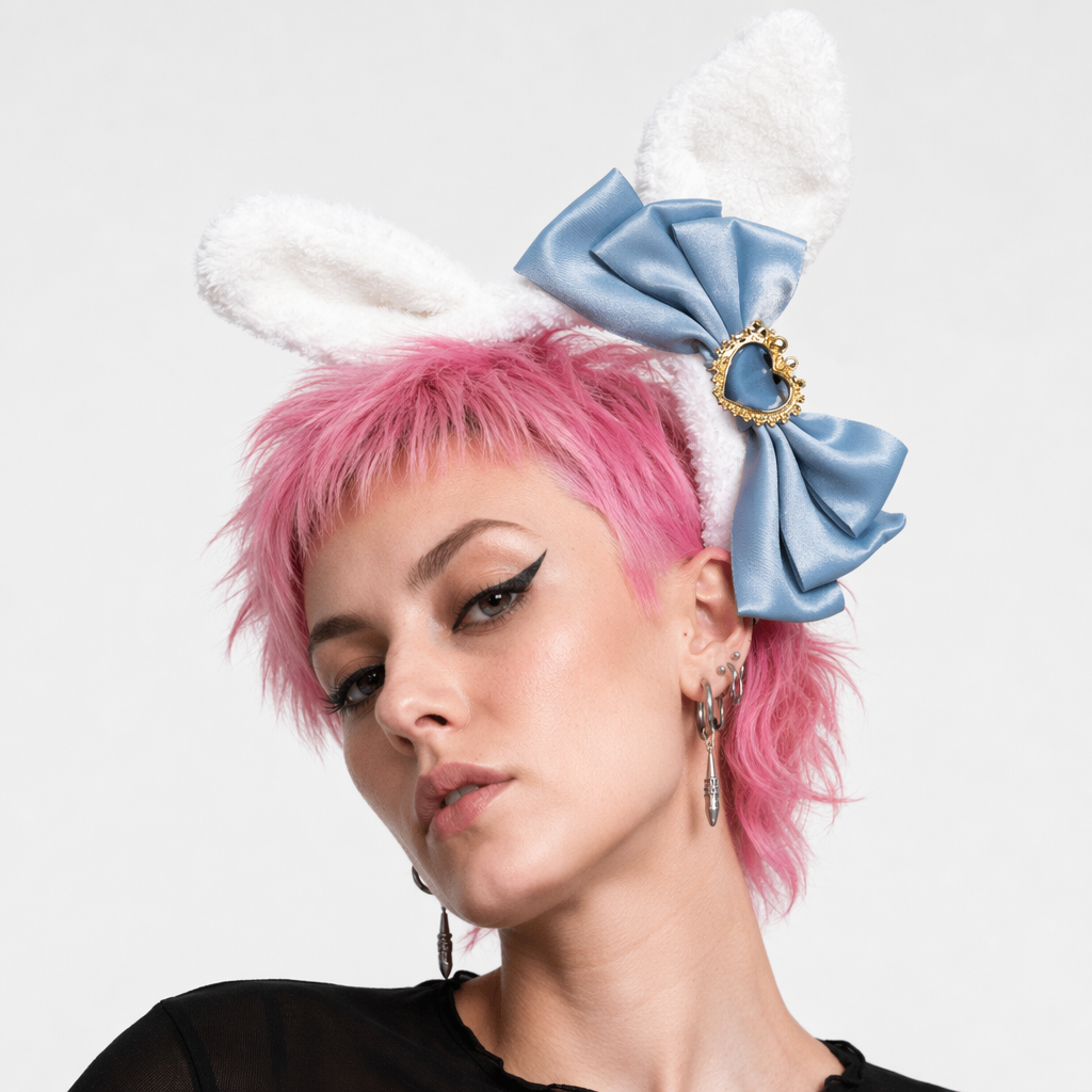 Luxurious Bunny Ears Headband with Satin Ribbons and Jewels Dark Blue