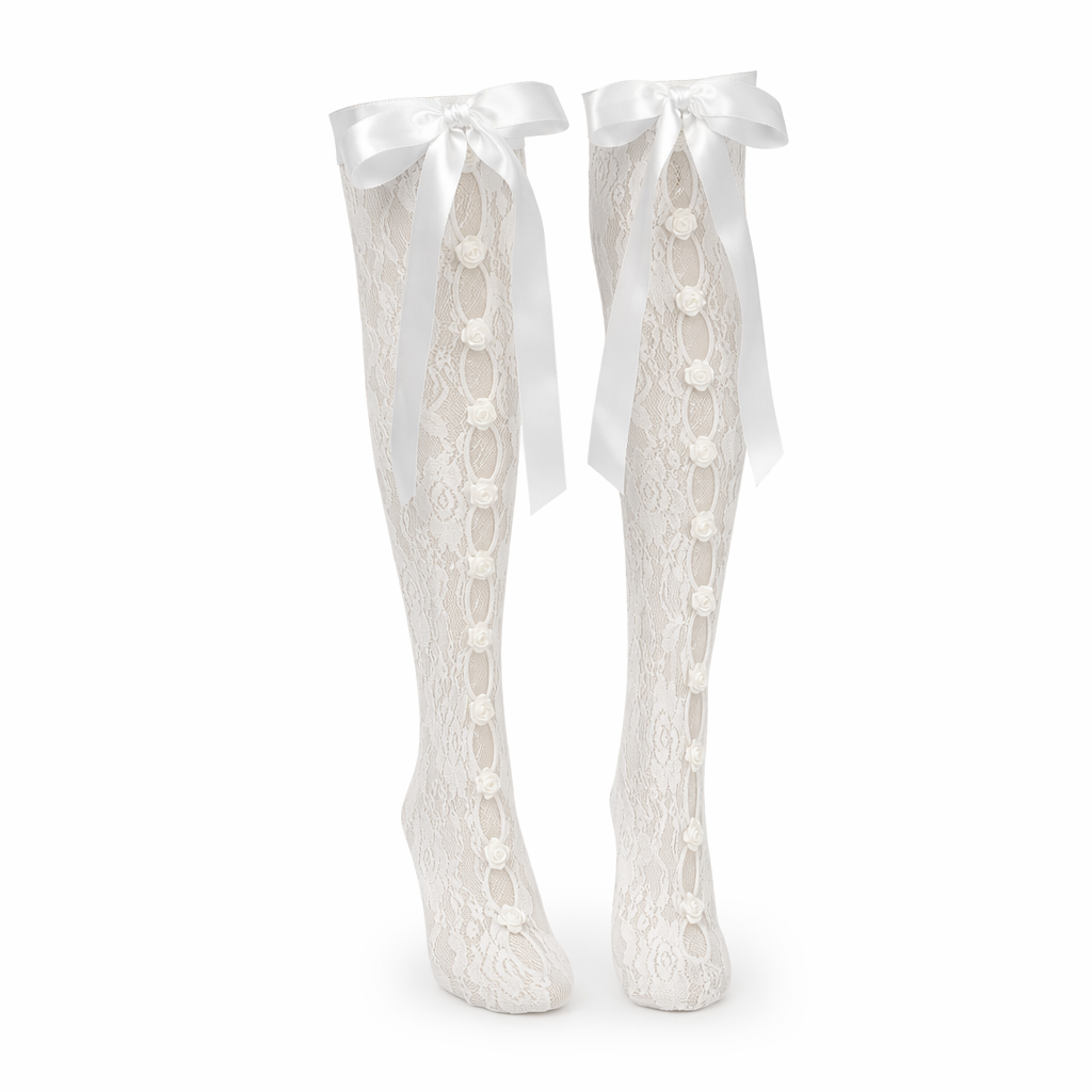 Lolita Lace Ribbon Rosebud Stockings in Black or White White Bow Front White Rosebuds