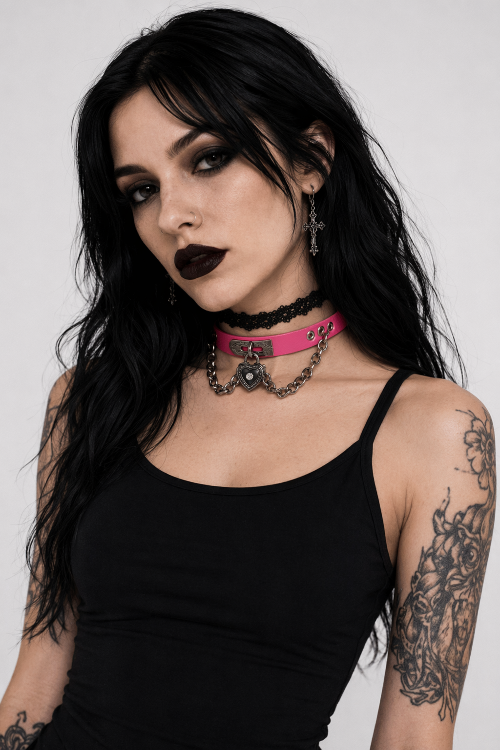 Gothic Victorian Vegan Leather Choker with Heart Locket and Chains Pink