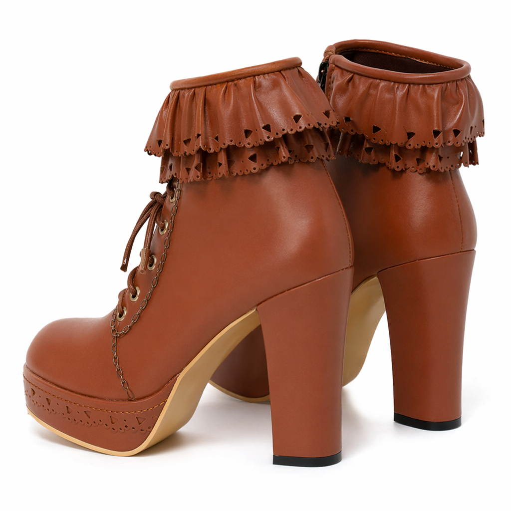 Sweet Lolita Booties with Ruffled Trim and Comfortable Design Brown