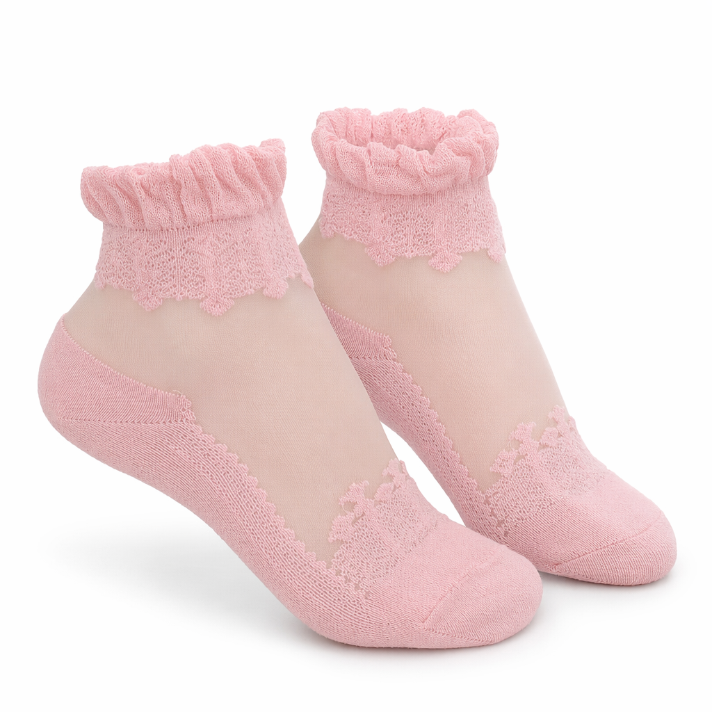 Elegant Lace Band Socks in Clear Fabric and Various Colors Pink