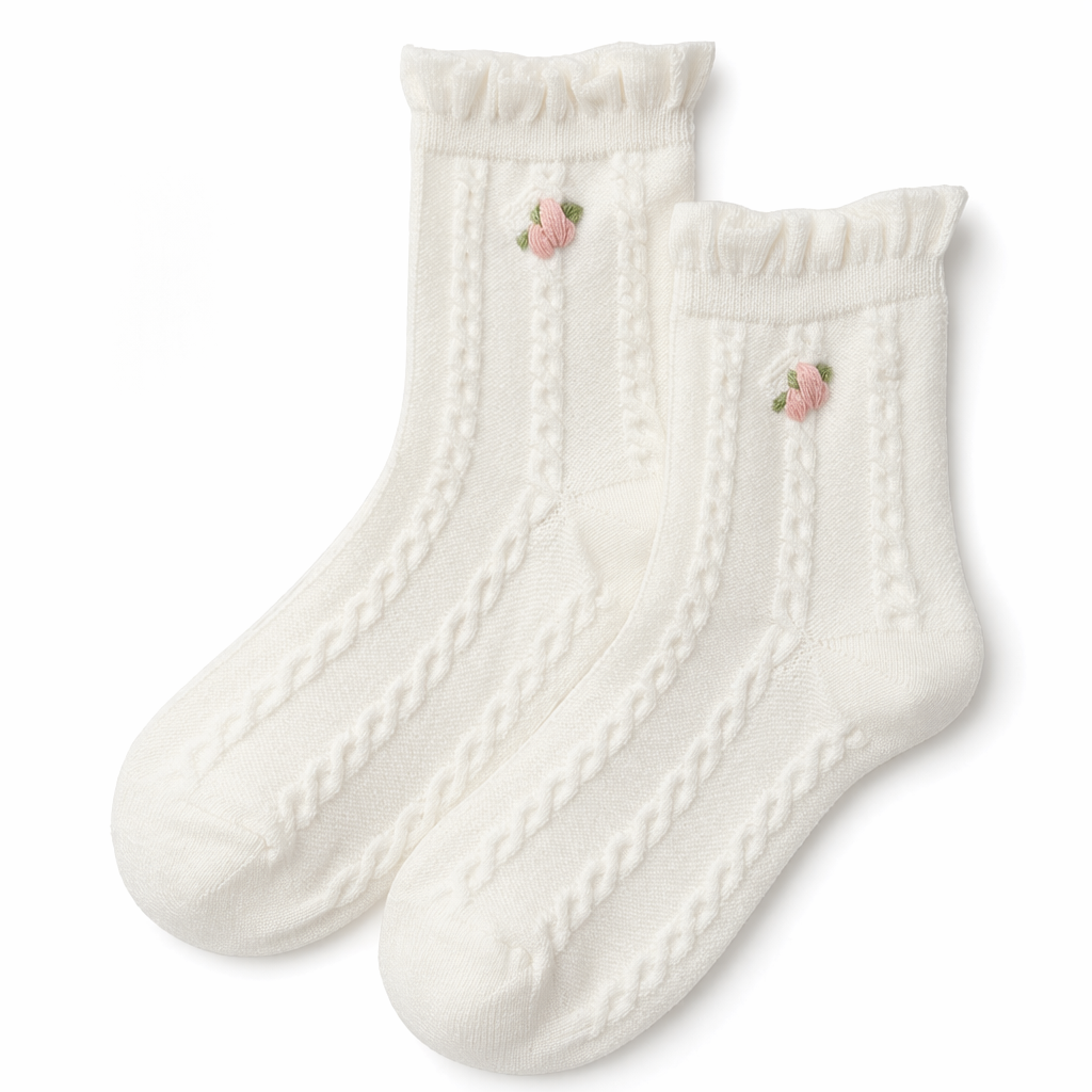 Textured Angelic Socks with Knit Detailing and Rosebud Embellishments No1