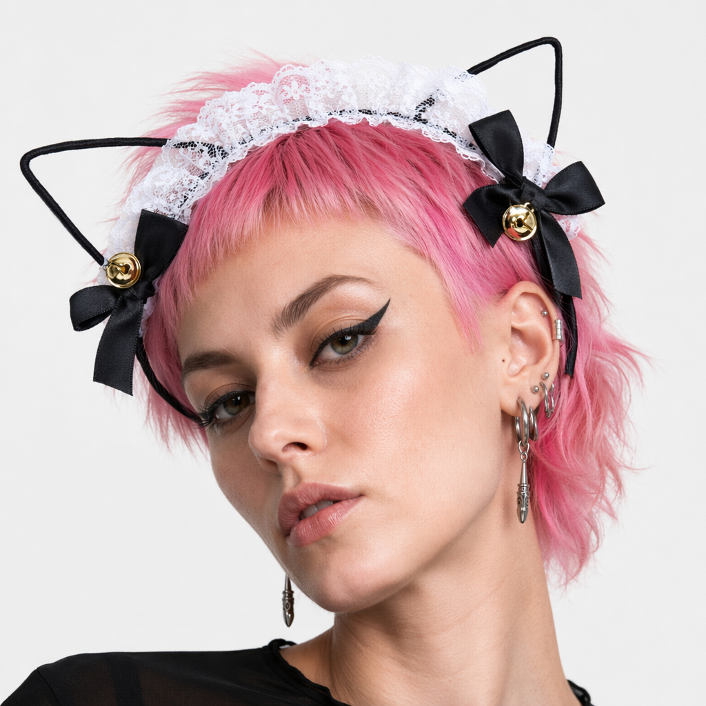 Cute Cat Ear Headband with Gold Bells and Lace Embellishments White