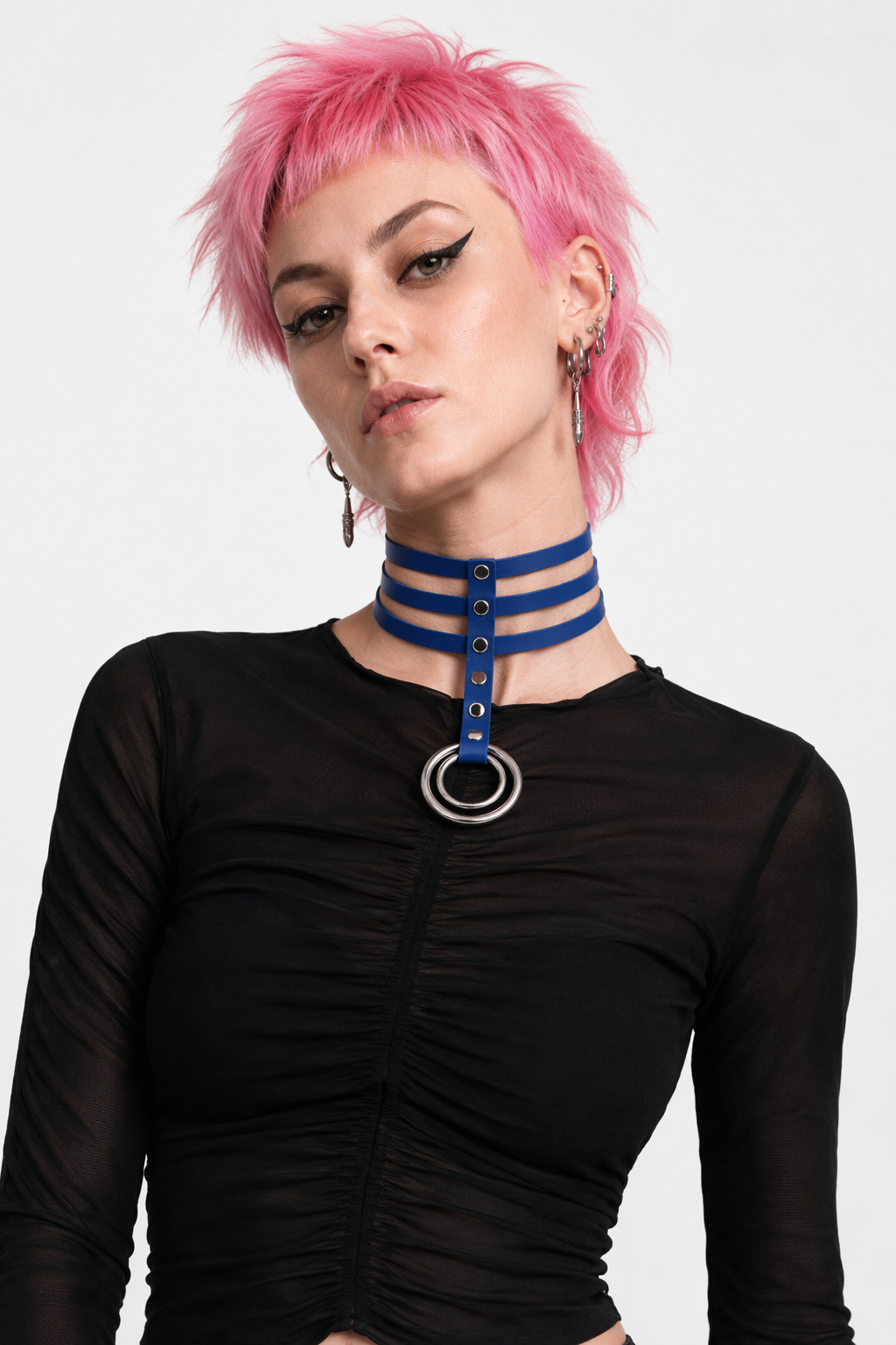 Vegan Leather High Elongated Collar with Built-in O-Ring Hook Blue