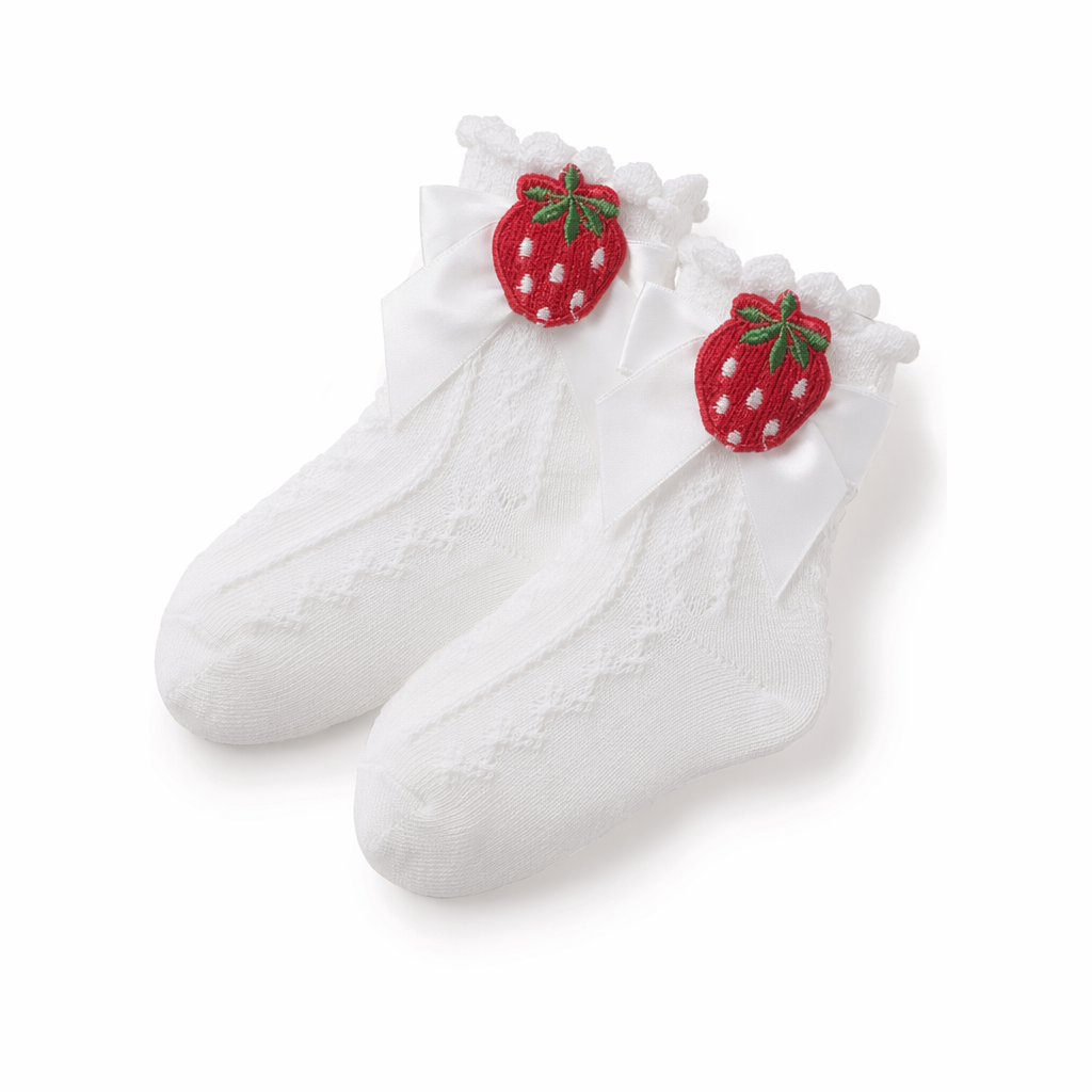 Lace Ankle-High Stockings with Strawberry Ribbon and Ruffle Top Strawberry White