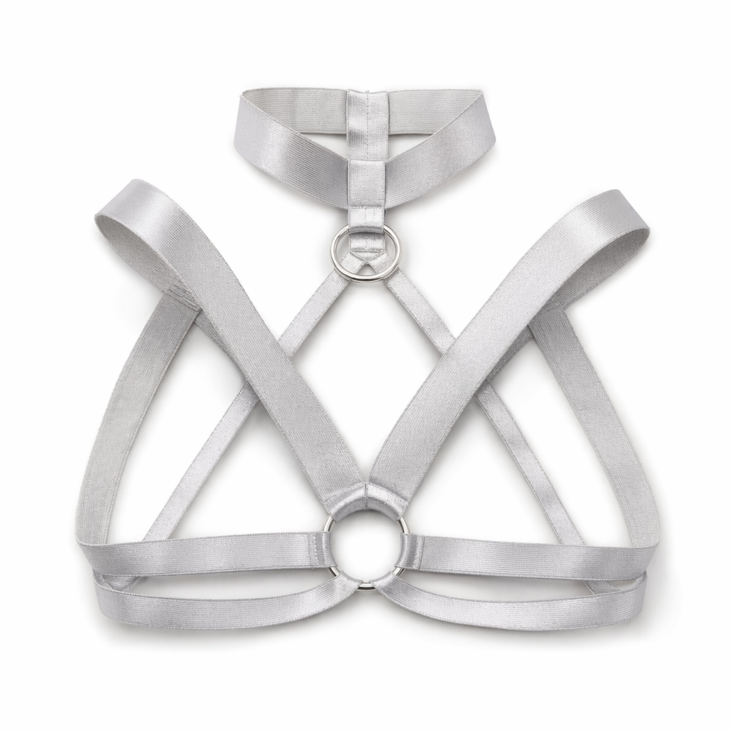 Gothic Inspired O-Ring Chest Harness with Spandex Straps Silver Plated