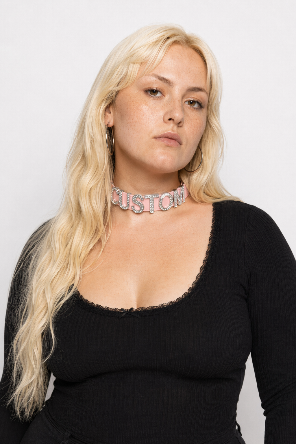 Customizable Vegan Leather Rhinestone Choker Necklace Pink Silver
