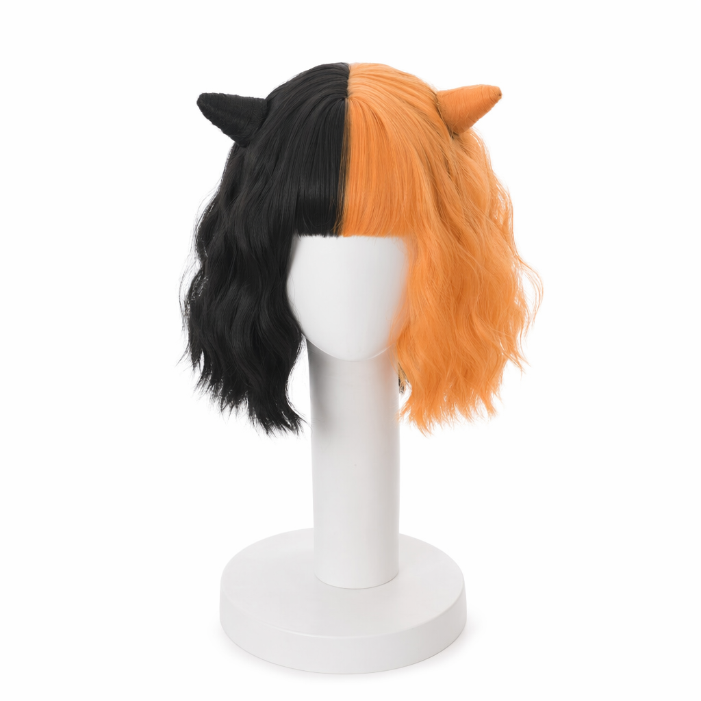 Orange and Black Two Tone Medium Length Lolita Wig in New Condition Wig With Horns