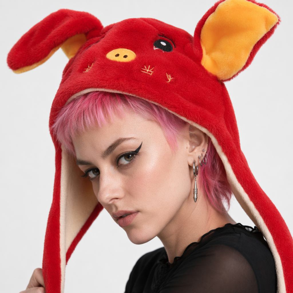 Fuzzy Puppy Hat with Spinning Ears for Winter Warmth Red Piggy