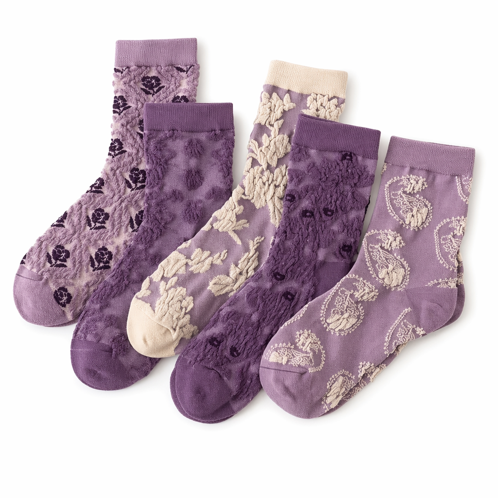 Pink Vintage Floral Socks for Kawaii and Fairycore Styles Set6-purple style