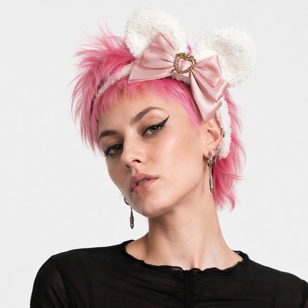 Luxurious Bunny Ears Headband with Satin Ribbons and Jewels Dusty Rose