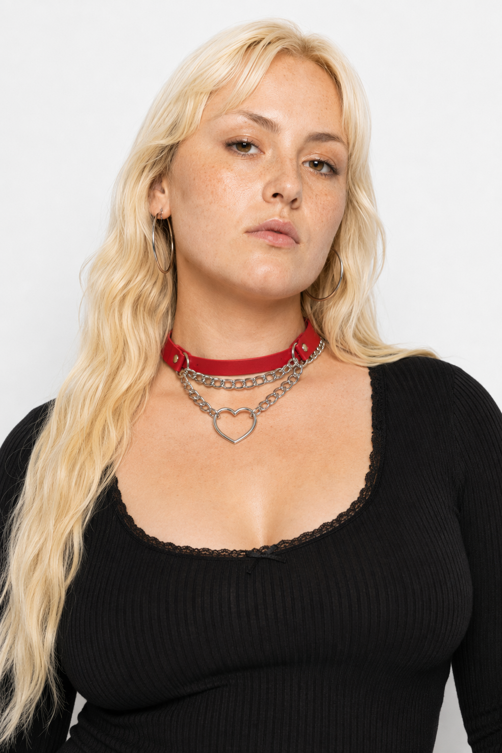 Thick Vegan Leather Chained Heart Choker Necklace Red