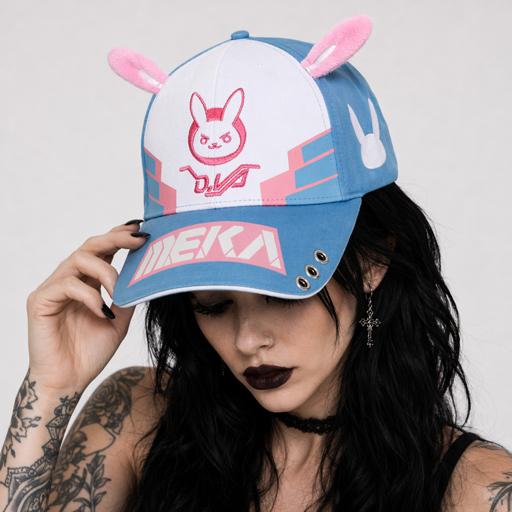 D.Va Overwatch Rabbit Ear Hat with Kawaii Embroidery and Detailing Default