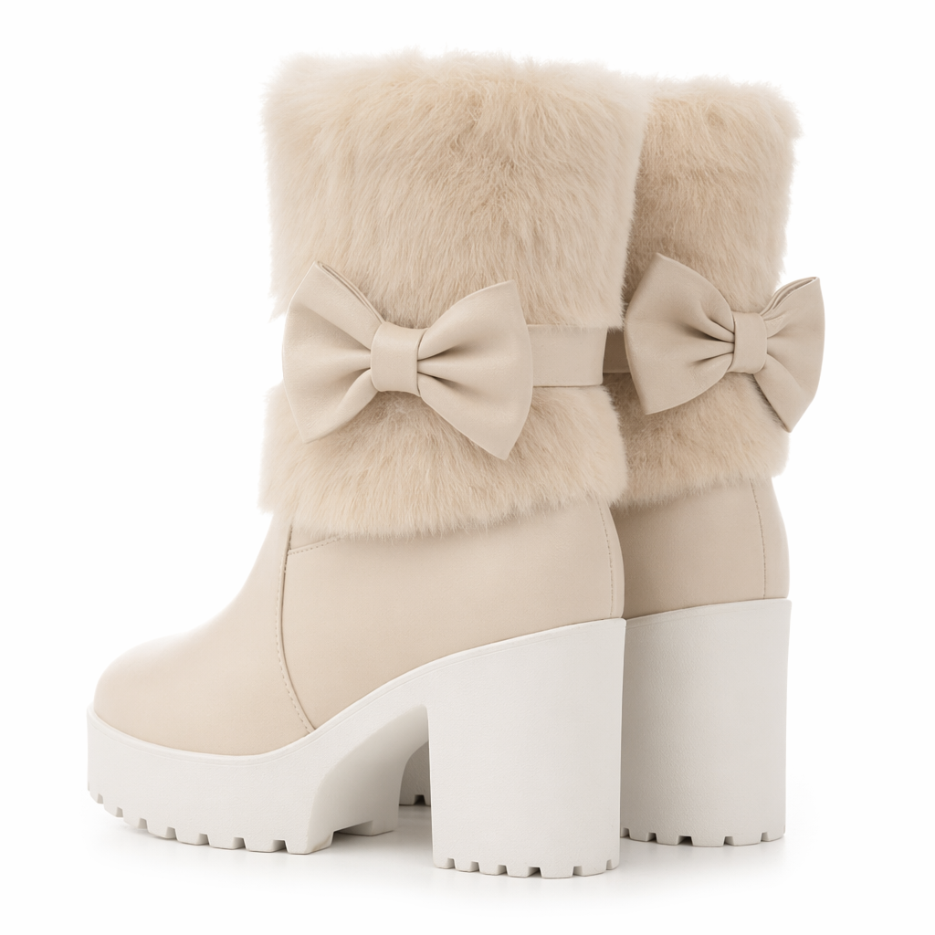 Pastel Vegan Fur Boots with Chunky Block Heel Beige