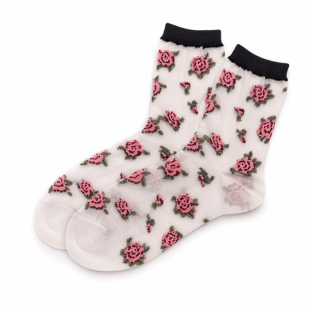 Floral Socks in Transparent Nylon for Cute Style Clear Red Roses