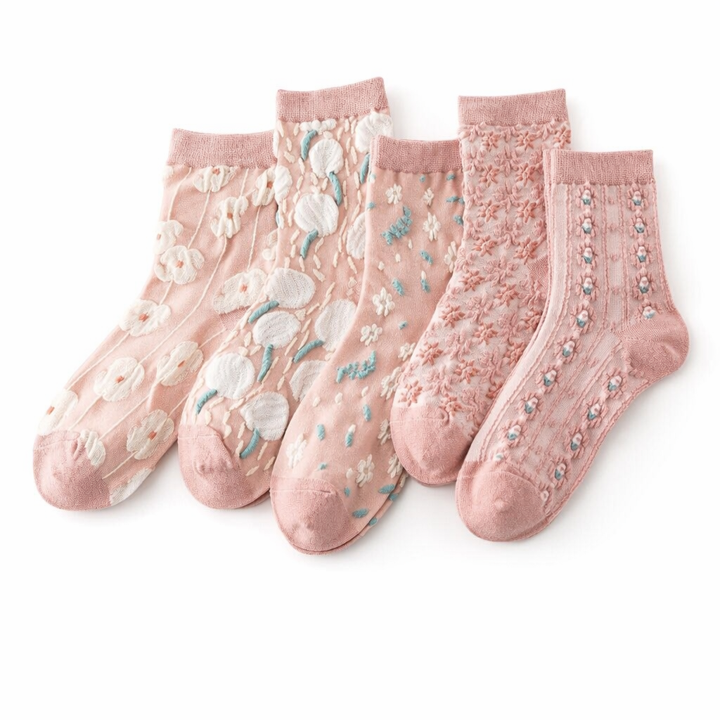 Pink Vintage Floral Socks for Kawaii and Fairycore Styles Set1-Pink style 1