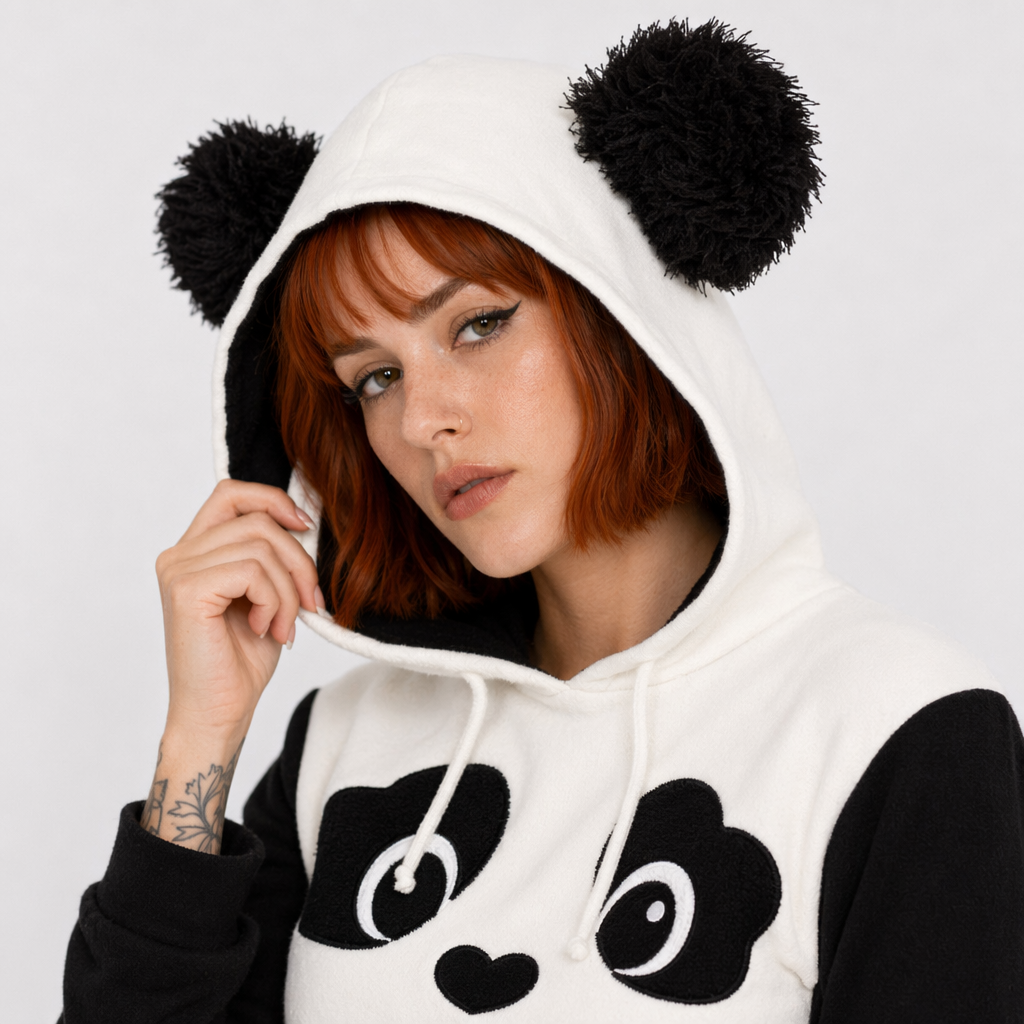 Cute Panda Bear Inspired Hoodie with Fuzzy Ears and Warm Sleeves S