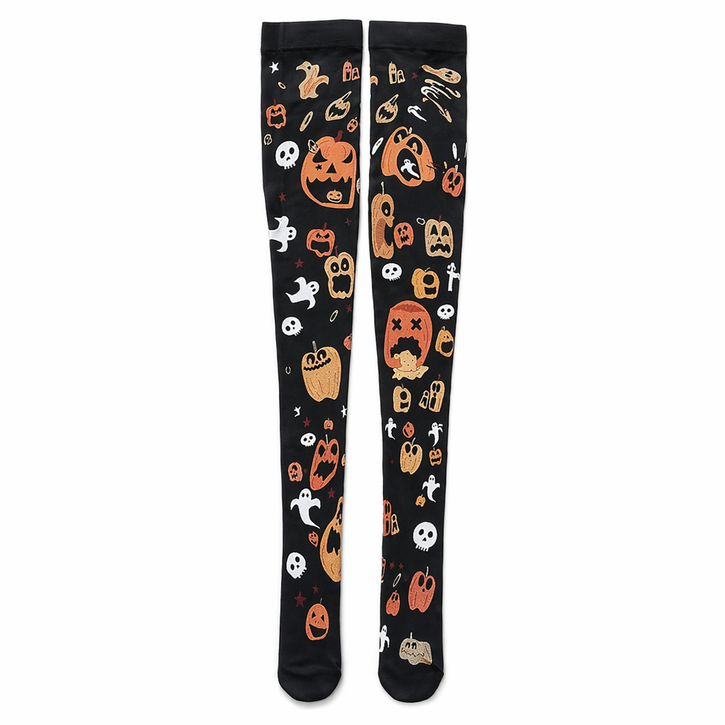 Gothic Halloween Stockings with Spooky Black and Orange Print Sickly Pumpkin