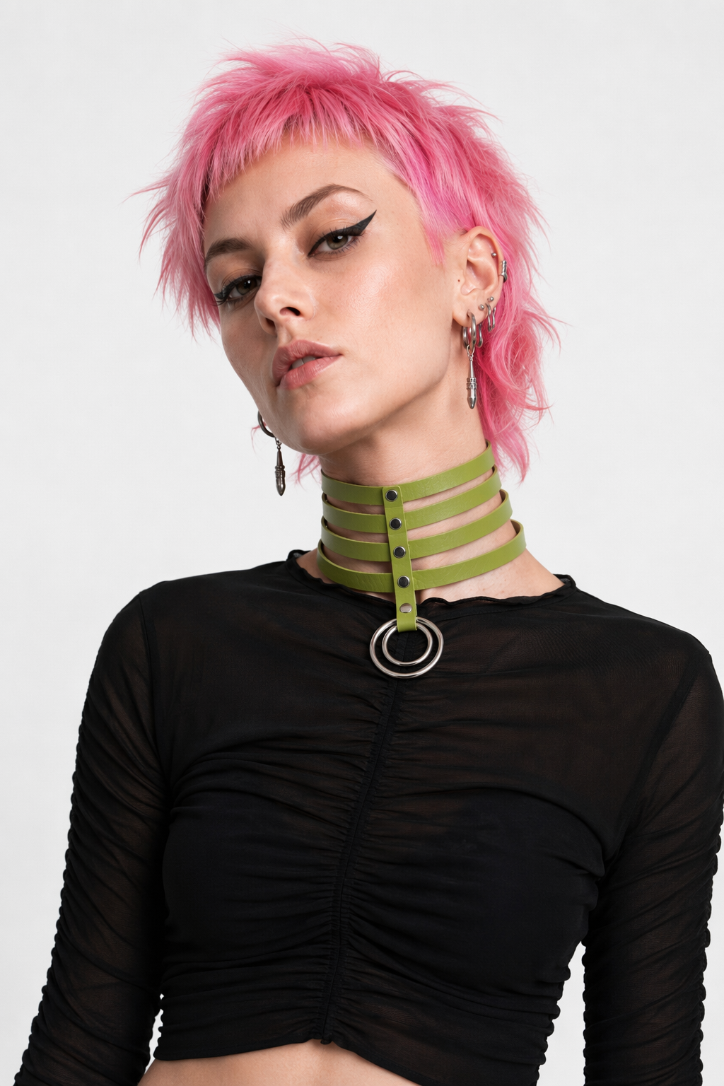 Vegan Leather High Elongated Collar with Built-in O-Ring Hook Green