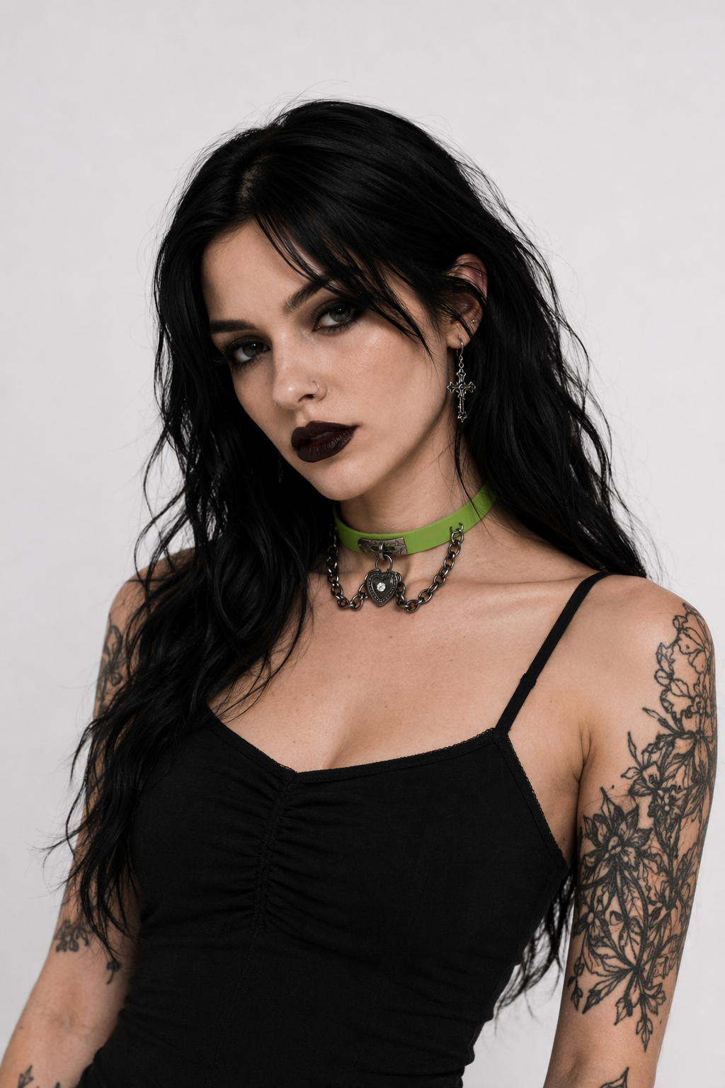 Gothic Victorian Vegan Leather Choker with Heart Locket and Chains Green