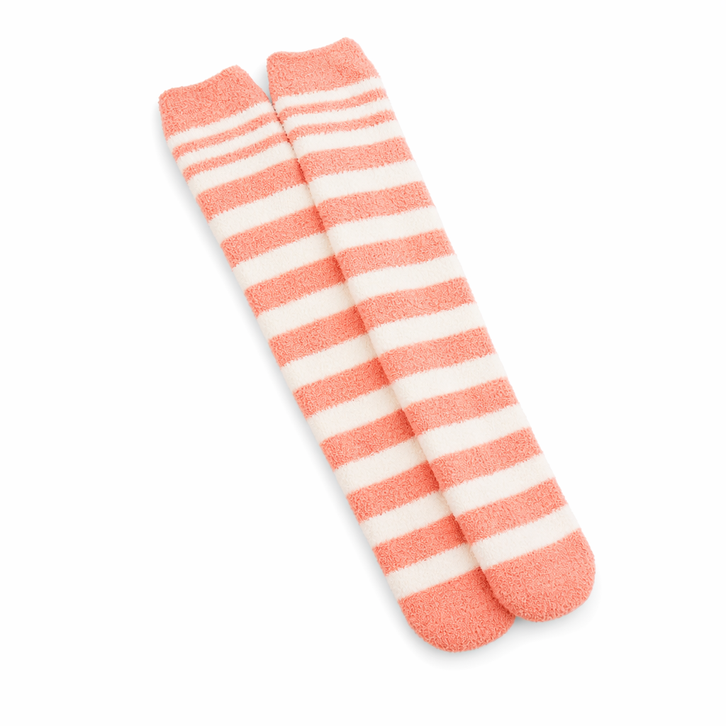 Cozy Fuzzy Thigh Highs for Kawaii Fashion Lovers Coral Striped