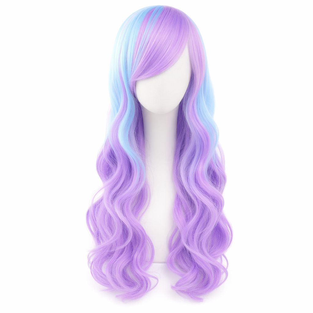 Stunning Long Cosplay Wig with Soft Fringe in Stylish Colors Curly Blue Pink