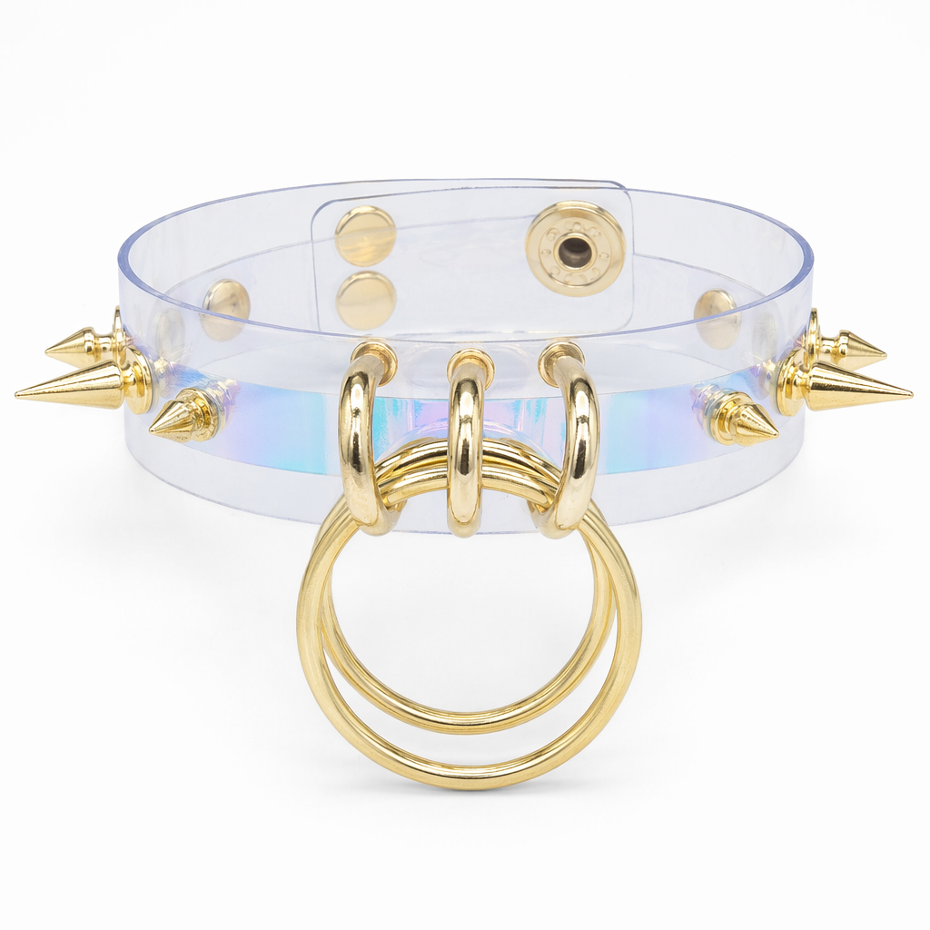 Punk Rock Clear Choker with Spiked Metal Detail and O-Ring Hooks Default