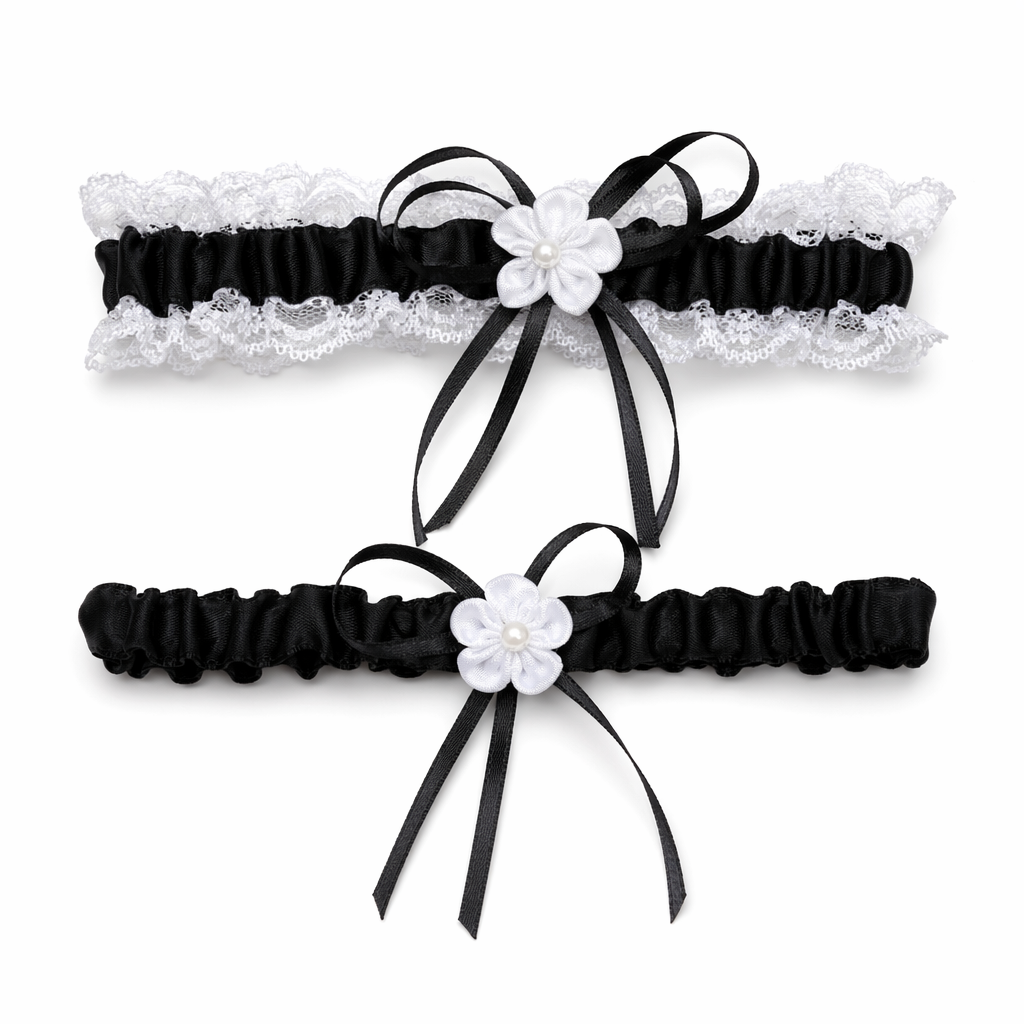 Ruffled Vegan Garter Belt Set with Chiffon and Lace Details Black