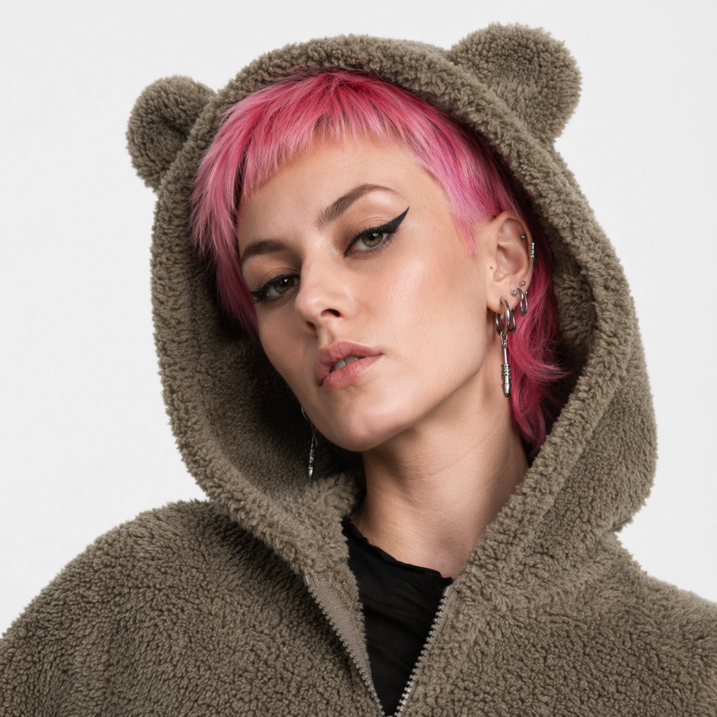 Adorable Vegan Fur Baby Bear Zippered Onesie with Ears Khaki