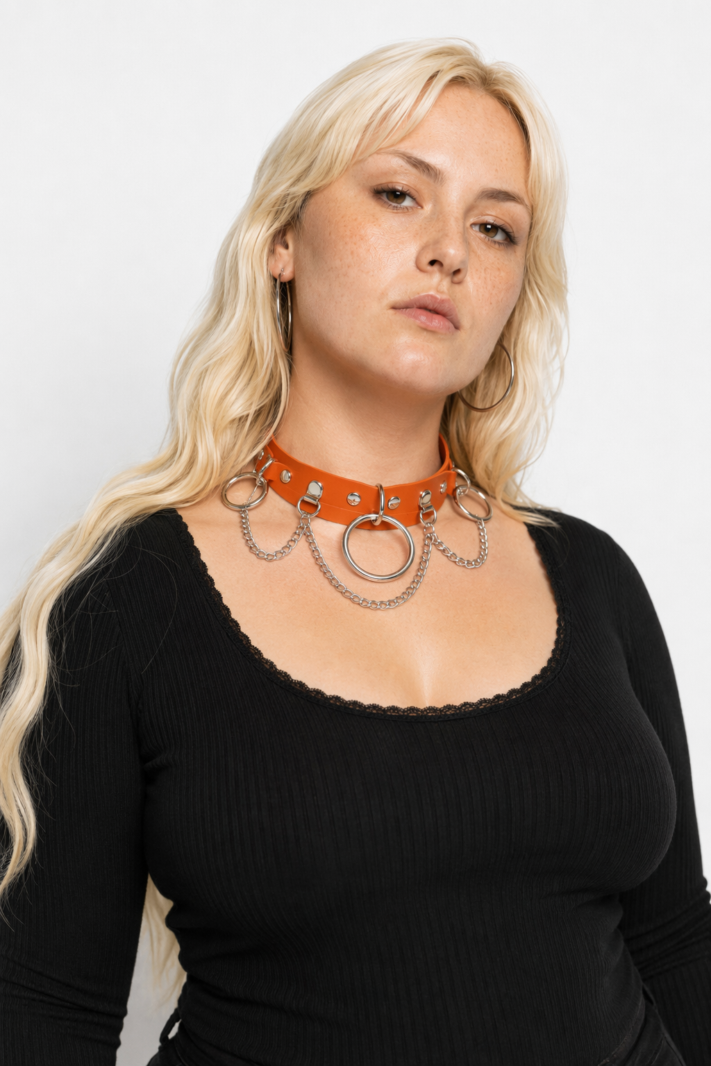 Vegan Leather O-Ring Choker Necklace with Silver Hardware Orange