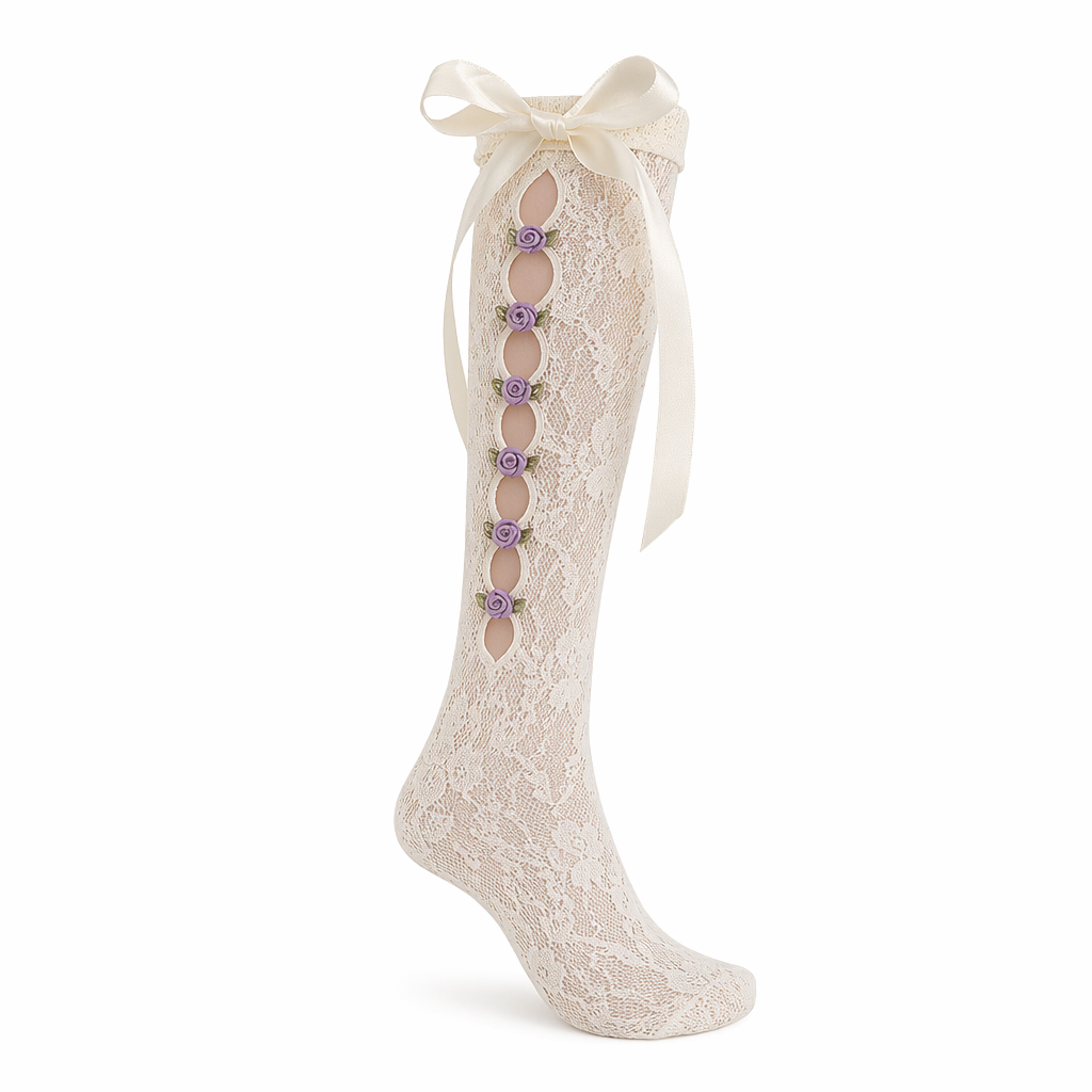 Lolita Lace Ribbon Rosebud Stockings in Black or White Cream Bow Side Purple Rosebuds