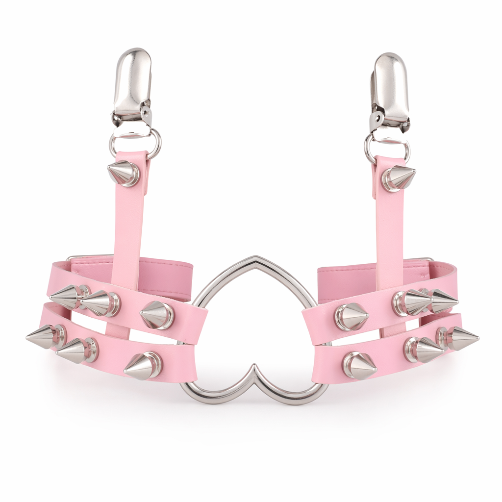 Spiky Garter Belt with Punk Rock Style and Metal Heart Pink