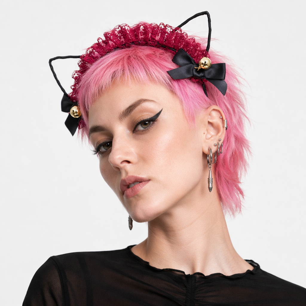 Cute Cat Ear Headband with Gold Bells and Lace Embellishments Red