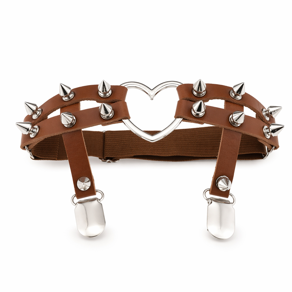 Spiky Garter Belt with Punk Rock Style and Metal Heart Brown