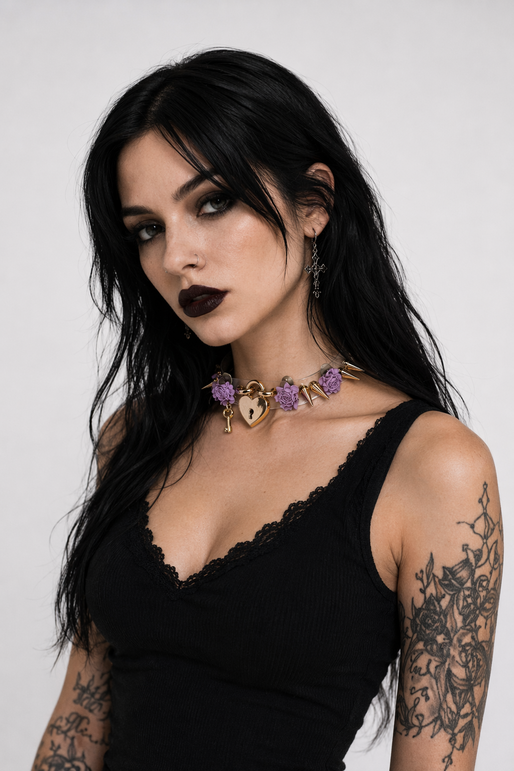 Edgy Floral Choker with Spiky Design and Heart Locket Key Purple Flower Gold