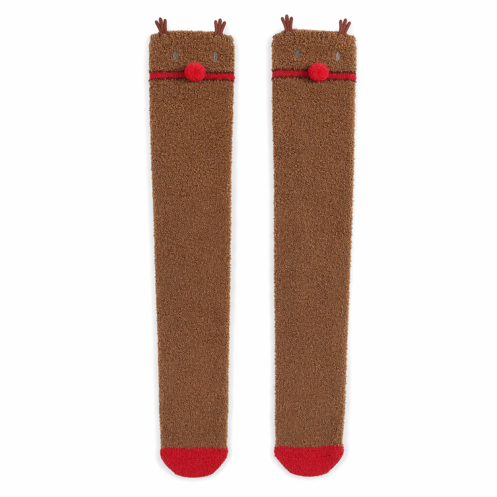 Furry Brown Reindeer Thigh High Stockings for Cozy Winter Style Default Title