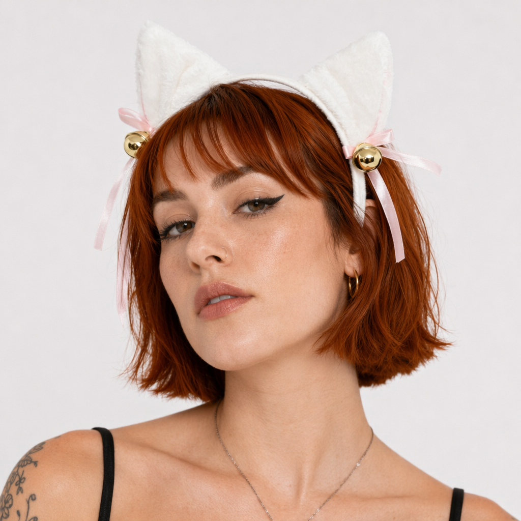 Fuzzy Kitty Cat Ear Headband with Bells and Ribbon White