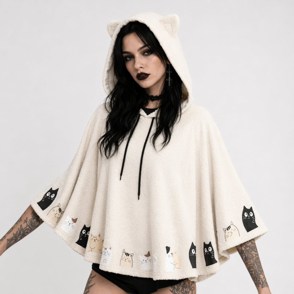 Cat Family Poncho Cape with Bear Ears for Kawaii Fashion Lovers Beige