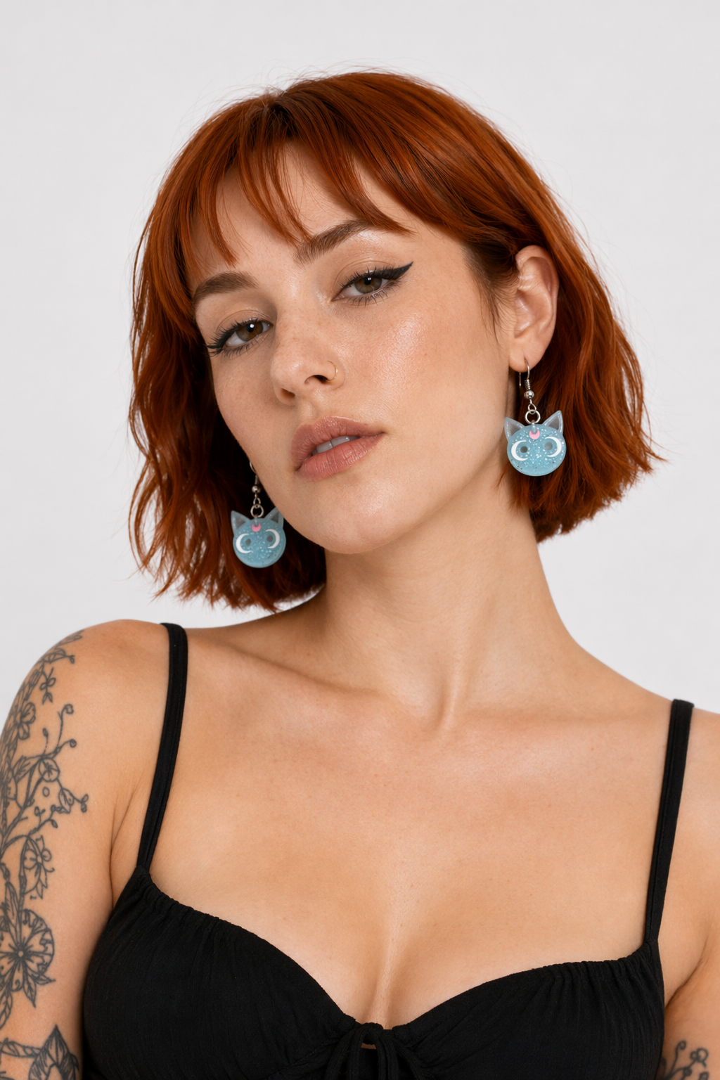 Glittery Cat Earrings with Half Moons in Resin Art Blue
