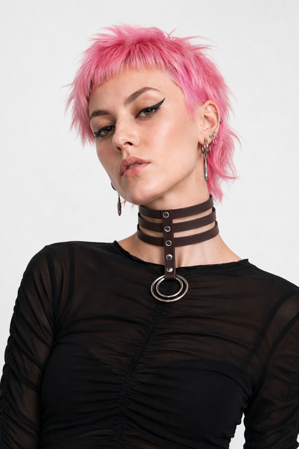 Vegan Leather High Elongated Collar with Built-in O-Ring Hook Coffee