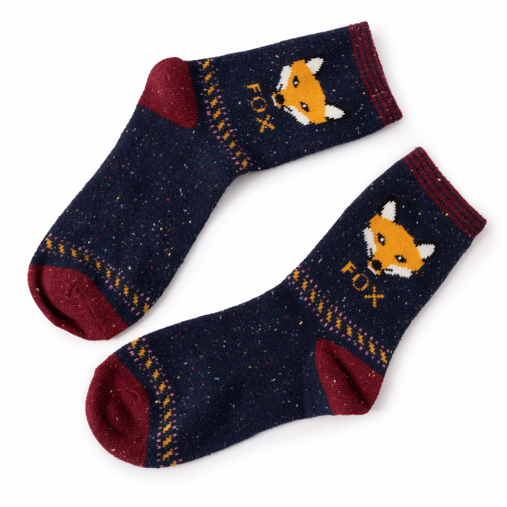 Snow Fox Christmas Socks with Embroidered Design and Vibrant Colors Navy Fox