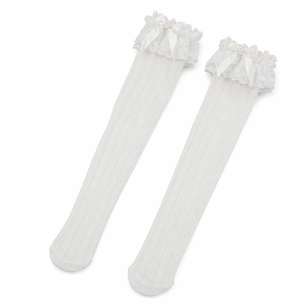 Stunning Lace Knee-High Stockings with Ruffles and Pearl Ribbon White