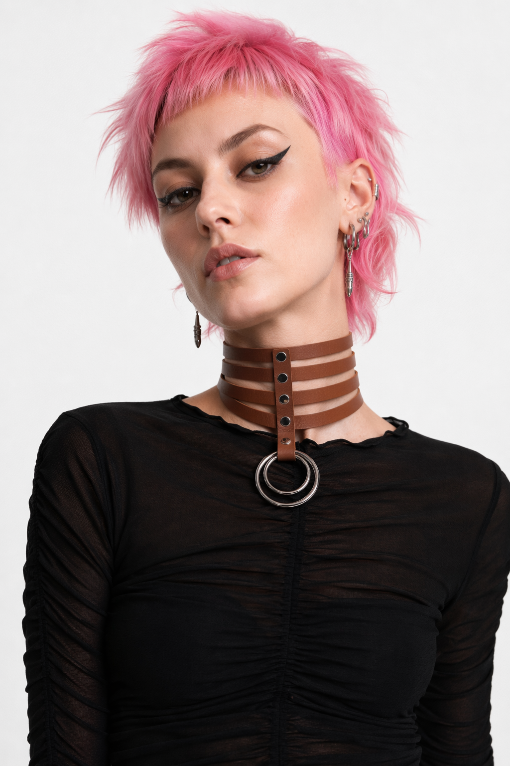 Vegan Leather High Elongated Collar with Built-in O-Ring Hook Brown